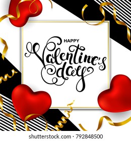 Happy valentines day card with hand drawn calligraphy, hearts and ribbons. Vector illustration.