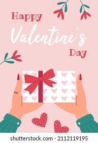 Happy valentines day card with hands holding gift box with ribbon and bow. Flat vector illustration