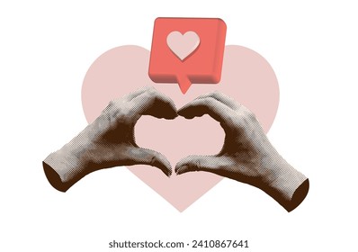 Happy Valentine's day card. Hands making heart shape with 3d like message. Contemporary art collage for Valentine's Day decoration. Vector illustration. Modern design with cut out halftone arms.