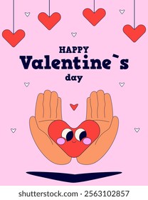 Happy Valentine's day card. Hands holding cute heart. Flat vector illustration.