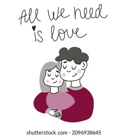  Happy Valentines Day card with handwriting lettering. Vector illustration. Romantic composition with couple. Ideal for printing, design, postcards, posters, invitations.