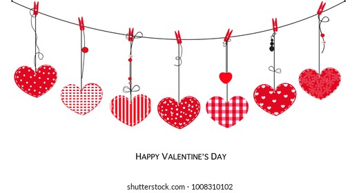 Happy Valentines Day card with hanging Love Valentines hearts