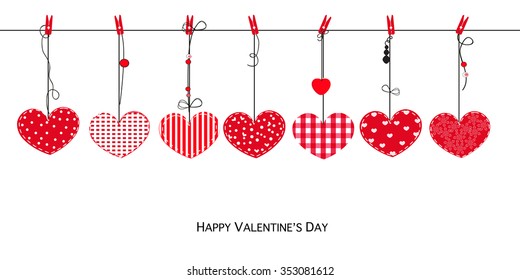 Happy Valentines Day card with hanging Love Valentines hearts vector background