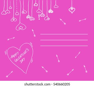 Happy Valentines Day Card. Hanging hearts. Vector Illustration