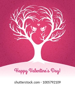 Happy Valentines Day card with heart shaped tree and 2 lovebirds. Vector Illustration.