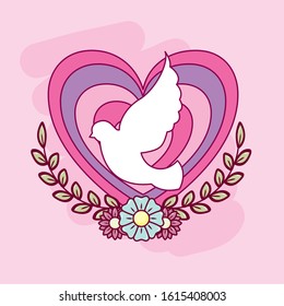 happy valentines day card with heart and dove vector illustration design