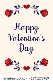 Happy Valentine's Day Card with heart and red roses. Simple cute greeting card. Vector illustration.