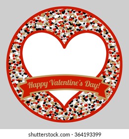 Happy Valentine's day card. Heart Red Frame and Space for text or pictures with Hearts Confetti. Valentines composition of the hearts. Template. Great for Valentine's Day, scrapbook, photo album cover