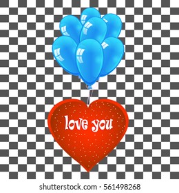 Happy Valentine's Day card, heart with blue balloons with inscriptions. Vector illustration.