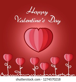 Happy valentines day card. Hearts poster on red gradient background. Heart flowers Vector illustration.