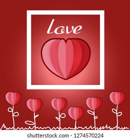 Happy valentines day card. Hearts poster on red gradient background. Heart flowers Vector illustration.