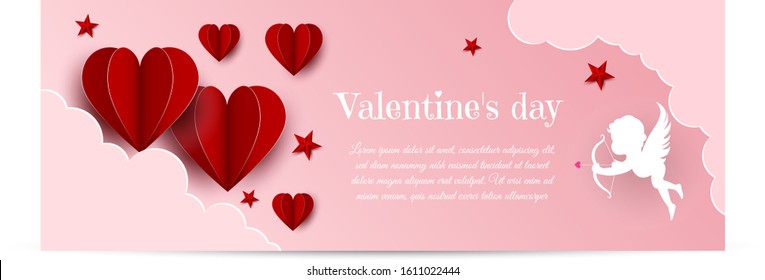 Happy Valentine's Day card with hearts, cupids and place for your text vector illustration. Valentine, valentine day, Valentines Day background, Valentine's day banners