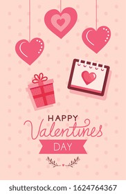 happy valentines day card with hearts hanging and decoration vector illustration design