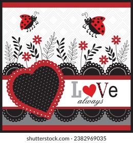 Happy valentine's day card with hearts, flower and lady bug