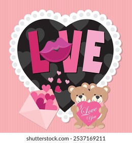 Happy valentine's day card with hearts, bears, envelope and love letter