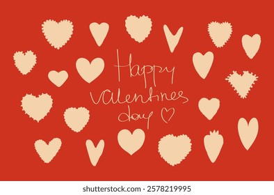 Happy Valentines Day card with hearts on red background. Vector illustration.