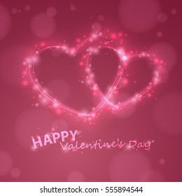 Happy valentines day card with hearts presents and sparkles and lettering on pink background. Vector illustration. Holiday design, decor.