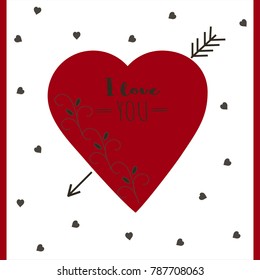 Happy Valentines Day card with hearts and arrow, vector illustration. 