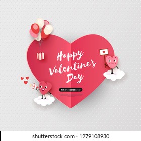 Happy Valentines day card, holiday background with cute animated hearts, minimal design, vector illustration