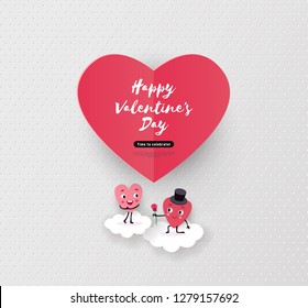 Happy Valentines day card, holiday background with cute animated hearts, minimal design, vector illustration