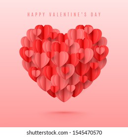 Happy Valentine's Day card. Holiday banner with 3d red and pink paper hearts in paper art style. Festive vector illustration with flying holiday symbol.