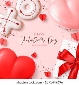 Happy Valentine's Day card. Holiday background with realistic XO cookies, paper hearts, gift box, balloons and confetti. Vector illustration with 3d decorative object for Valentine's Day.