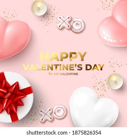 Happy Valentine's Day card. Holiday background with realistic XO cookies, candles, gift box, balloons and confetti. Vector illustration with 3d decorative object for Valentine's Day.