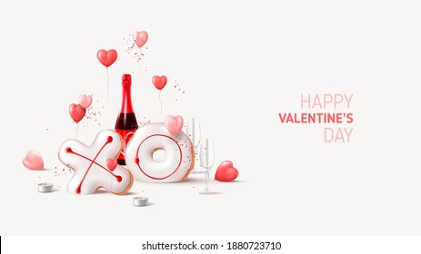 Happy Valentine's Day card. Holiday background with champagne bottle, glasses, balloons, tea candles, realistic XO cookies, confetti. Vector illustration with 3d render object for Valentine's Day.