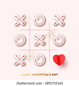 Happy Valentine's Day card. Holiday background with realistic XO cookies, gold confetti and paper heart. Concept of tic tac toe game. Vector illustration with 3d objects for Valentine's Day.