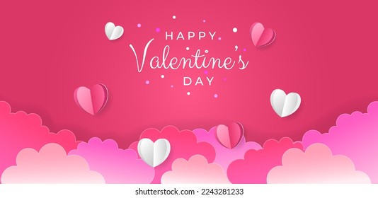 Happy Valentine's day card, horizontal banner with paper cut hearth and cloud pink background