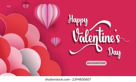 Happy Valentine's day card. Horizontal Poster or banner  with pink sky and paper cut clouds. template with hearts.. Vector illustration