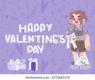 Happy Valentine's Day Card Illustration. Fun Valentine's Day illustration featuring a smiling character with a gift box, playful hand-drawn elements, and text on a purple background.