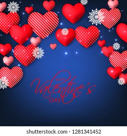 Happy Valentines day card Invitation. Wedding card red hearts on blue background