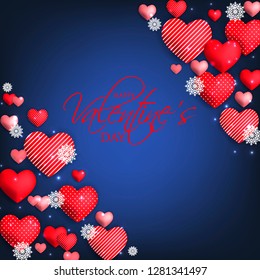 Happy Valentines day card Invitation. Wedding card red hearts on blue background