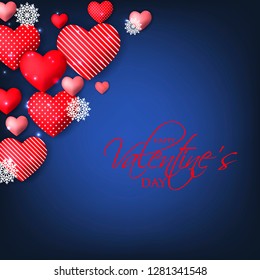 Happy Valentines day card Invitation. Wedding card red hearts on blue background