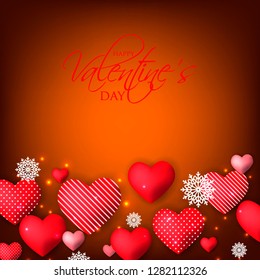 Happy Valentines day card Invitation. Wedding card red hearts on brown background