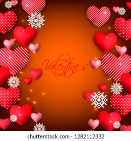 Happy Valentines day card Invitation. Wedding card red hearts on brown background