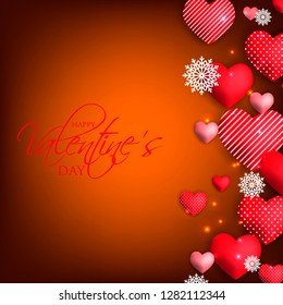Happy Valentines day card Invitation. Wedding card red hearts on brown background