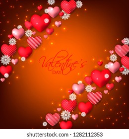 Happy Valentines day card Invitation. Wedding card red hearts on brown background