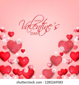 Happy Valentines day card Invitation. Wedding card red hearts on pink background