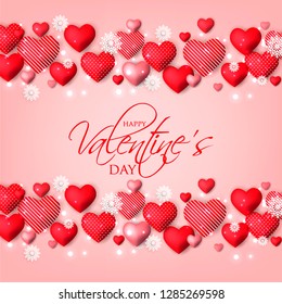 Happy Valentines day card Invitation. Wedding card red hearts on pink background