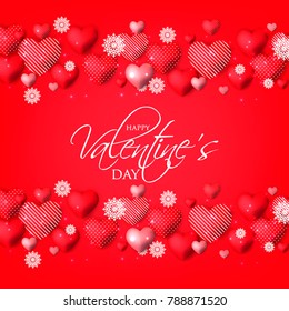 Happy Valentine's day card Invitation. Wedding card red hearts on red background