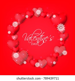 Happy Valentines day card Invitation. Wedding card red hearts on red background