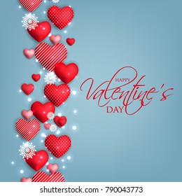 Happy Valentines day card Invitation. Wedding card red hearts on blue background