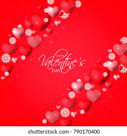 Happy Valentines day card Invitation. Wedding card red hearts on red background
