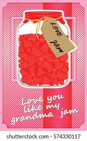 Happy Valentines Day Card. Jar with red hearts greeting card