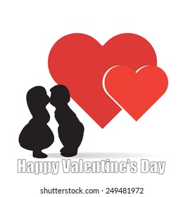 Happy Valentine's day card with kissing boy and girl silhouettes on heart shape background. Vector EPS 10.   