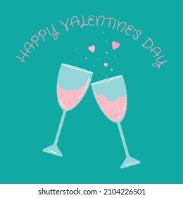 Happy Valentine's Day card with  lettering and two sparkling glasses of champagne isolated. Holidays typography. Vector illustration.