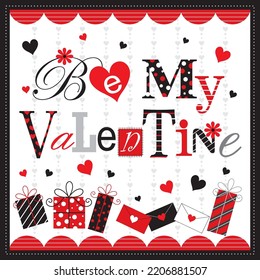 Happy valentine's day card with lettering, gifts and heart shape