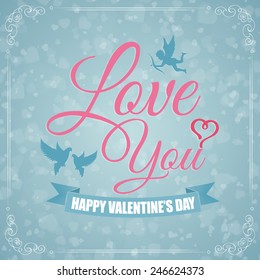 Happy Valentine's Day card with lettering, ribbon, cupid and doves. hearts background. vector illustration
